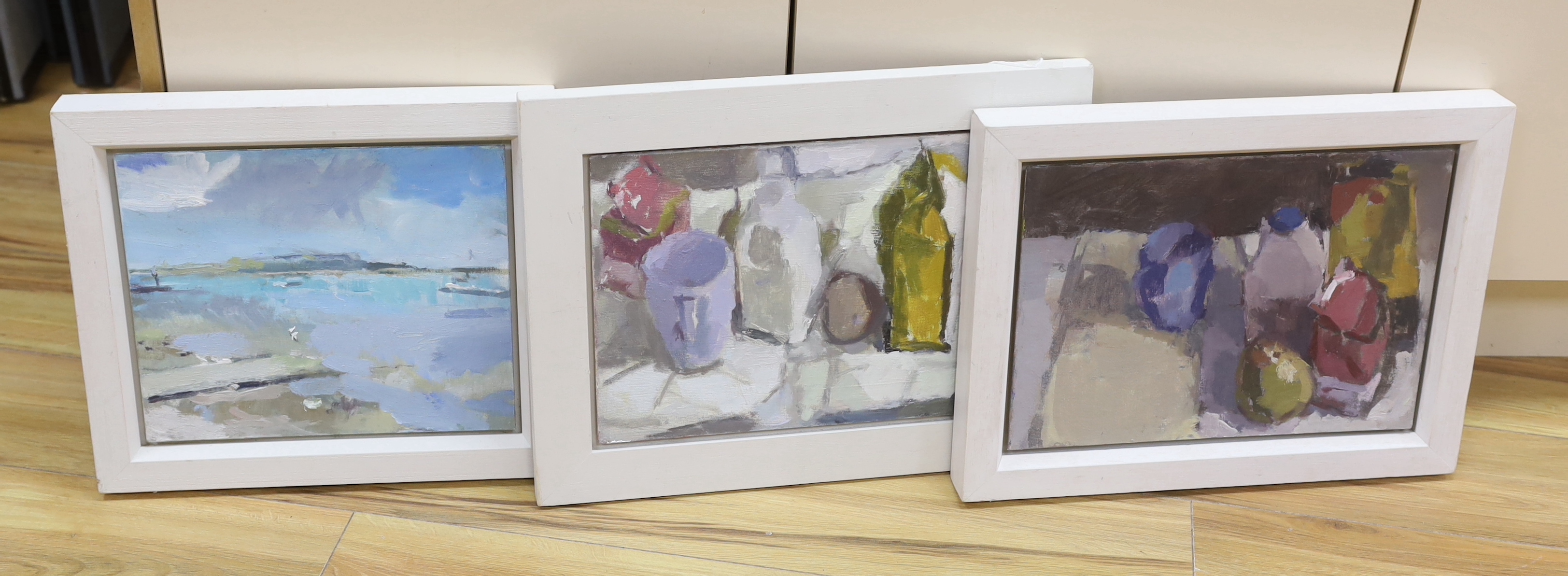 Michael Weller NEAC, three contemporary oils on board, Still lifes and Mudeford Quay, each with details verso, 35 x 26cm